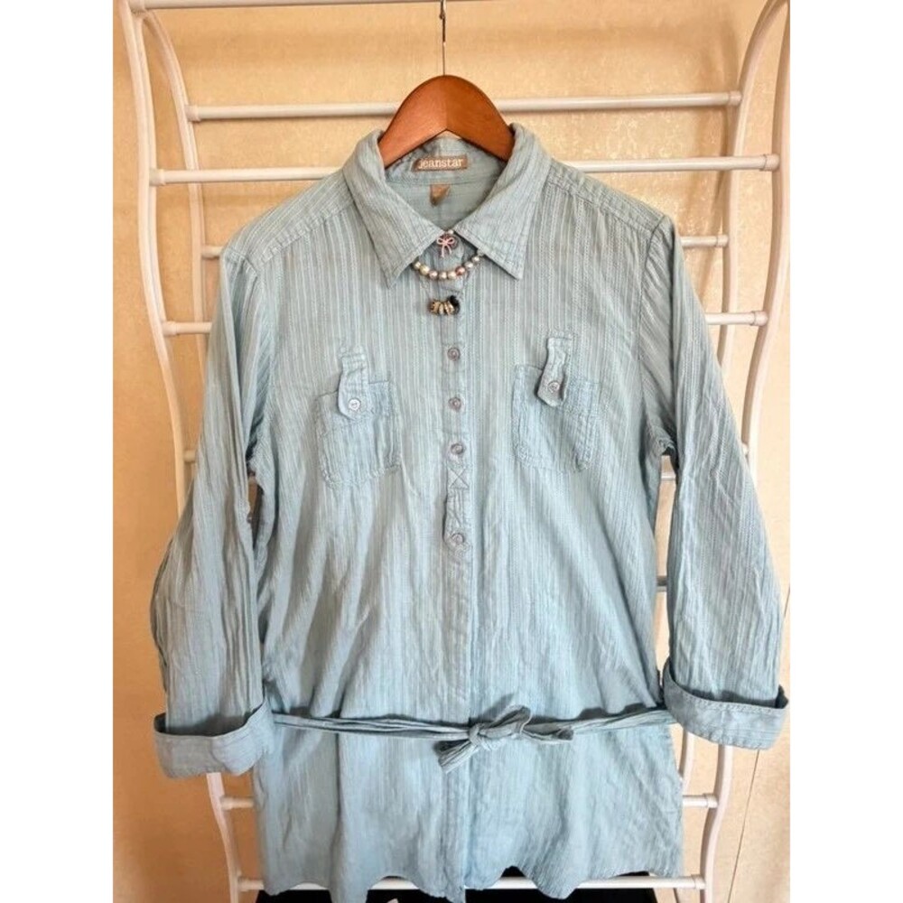 100% Cotton -  Blue Pinstripe Chemise Dress Long Sleeve Button Down Tunic